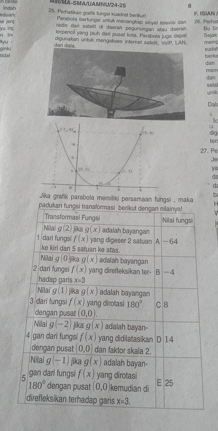 cerita Mat/MA-SMA/UAMNU/24-25 8
Indah 25. Perhatikan grafik fungsi kuadrat berikut!
F. ISIAN /
eduany Parabola berfungsi untuk menangkap sinyal televisi dan 26. Perhat
ke jenj radio dari satelit di daerah pegunungan atau daerah Bu Sr
yu ing terpencil yang jauh dari pusat kota. Parabola juga dapat
n ln Sejak
digunakan untuk mengakses internet satelit, VoIP, LAN,
Ayu memp
dan data.
ginkasudal
tidalberke
dan
mem
dan
selal
unik
Dala
5
lc
dig
ter
27. Pe
Je
ya
da
da
b
Jika grafik parabola memiliki persamaan fungsi , maka H
1e