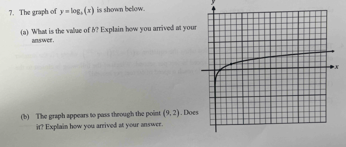 y
7. The graph of y=log _b(x) is shown below. 
(a) What is the value of b? Explain how you arrived at your 
answer. 
(b) The graph appears to pass through the point (9,2). Doe 
it? Explain how you arrived at your answer.