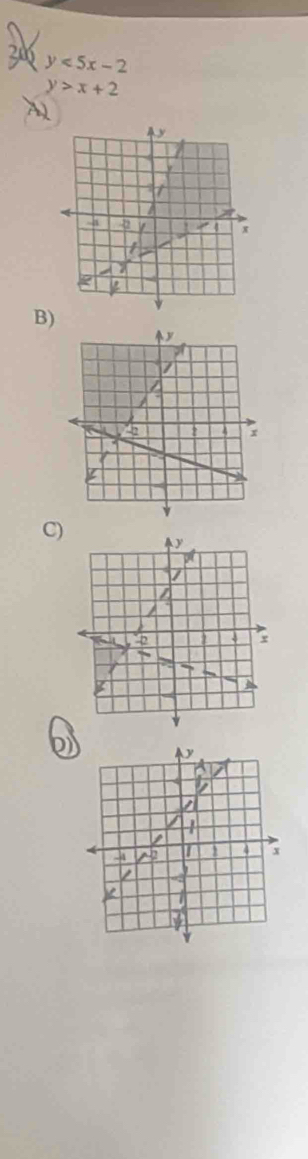 3 y<5x-2</tex>
y>x+2
B)
C)