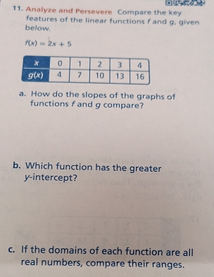 Analyze and Persevere Compare the key
features of the linear functions f and g, given
below.
f(x)=2x+5
a. How do the slopes of the graphs of
functions f and g compare?
b. Which function has the greater
y-intercept?
c. If the domains of each function are all
real numbers, compare their ranges.