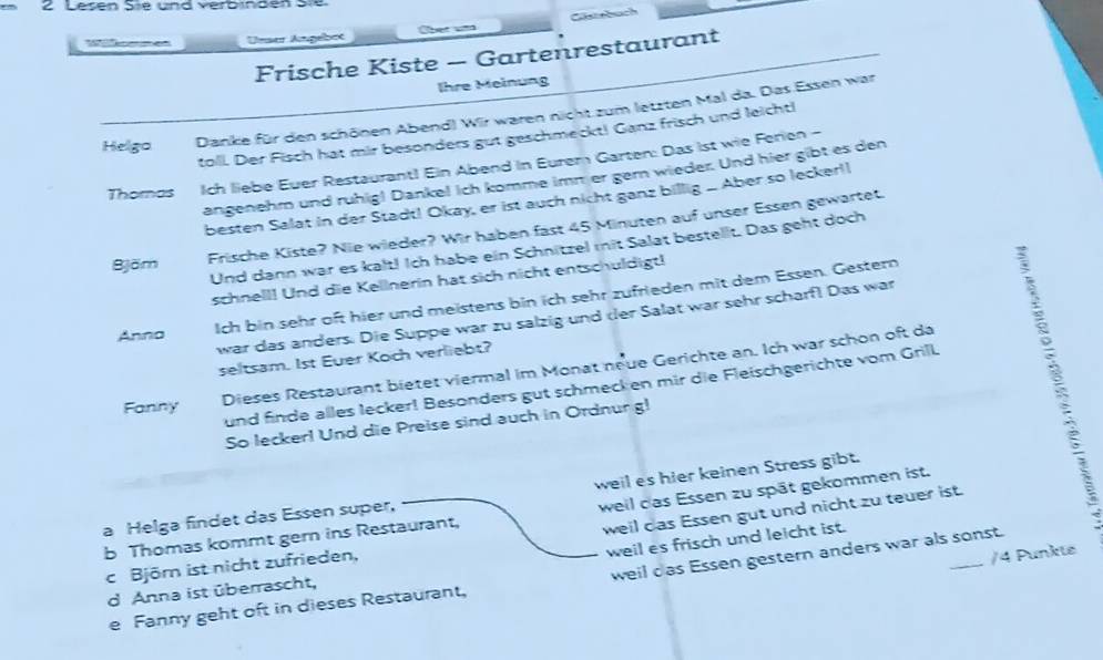 Lesen Sie und verbinden Sie.
Wkeme Unser Angebet Ober un Casccbuch
Frische Kiste - Gartenrestaurant
Ihre Meinung
Helgo Danke für den schönen Abend) Wir waren nicht zum letzten Mal da. Das Essen war
toll. Der Fisch hat mir besonders gut geschmeckt! Ganz frisch und leicht!
Thomos Ich liebe Euer Restaurant! Ein Abend in Eurem Garten: Das 1st wie Ferien -
angenehm und rühig! Danke! İch komme imn er ger wieder. Und hier gibt es den
besten Salat in der Stadt! Okay, er ist auch nicht ganz billig . Aber so lecker!
Bjöm
Frische Kiste? Nie wieder? Wir haben fast 45 Minuten auf unser Essen gewartet.
Und dann war es kalt! Ich habe ein Schnitzel mit Salat bestellt. Das geht doch
schnell! Und die Kellnerin hat sich nicht entschuldigt!
Anno Ich bin sehr oft hier und meistens bin ich sehr zufrieden mit dem Essen. Gestern
war das anders. Die Suppe war zu salzig und der Salat war sehr scharfl Das war
seltsam. 1st Euer Koch verliebt?
Fanny
Dieses Restaurant bietet viermal im Monat neue Gerichte an. Ich war schon oft da
und finde alles lecker! Besonders gut schmeck en mir die Fleischgerichte vom Grill.
So lecker! Und die Preise sind auch in Ordnur g!
weil es hier keinen Stress gibt.
weil das Essen zu spät gekommen ist.
weil das Essen gut und nicht zu teuer ist.
a Helga findet das Essen super,
b Thomas kommt gern ins Restaurant,
weil es frisch und leicht ist.
weil das Essen gestern anders war als sonst.
c Björ ist nicht zufrieden,
/4 Punkte
d Anna ist überrascht,
e Fanny geht oft in dieses Restaurant,