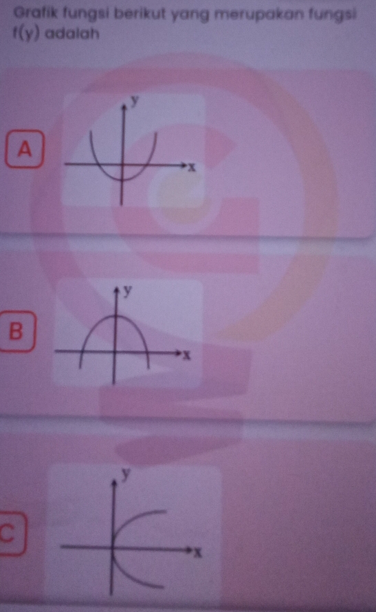 Grafik fungsi berikut yang merupakan fungsi
f(y) adalah
A
B
C