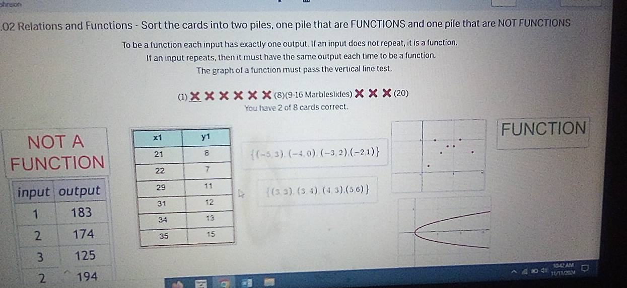 breon 
02 Relations and Functions - Sort the cards into two piles, one pile that are FUNCTIONS and one pile that are NOT FUNCTIONS 
To be a function each input has exactly one output. If an input does not repeat, it is a function. 
If an input repeats, then it must have the same output each time to be a function. 
The graph of a function must pass the vertical line test, 
(1) _ x* x* x (8)(9-16 Marbleslides) X × × (20) 
You have 2 of 8 cards correct. 
NOT A 
FUNCTION 
FUNCTION  (-5,3),(-4,0),(-3,2),(-2,1)
input output  (3,3),(3,4),(4,3),(5,6)
1 183
2 174
3 125
2 194
1/20