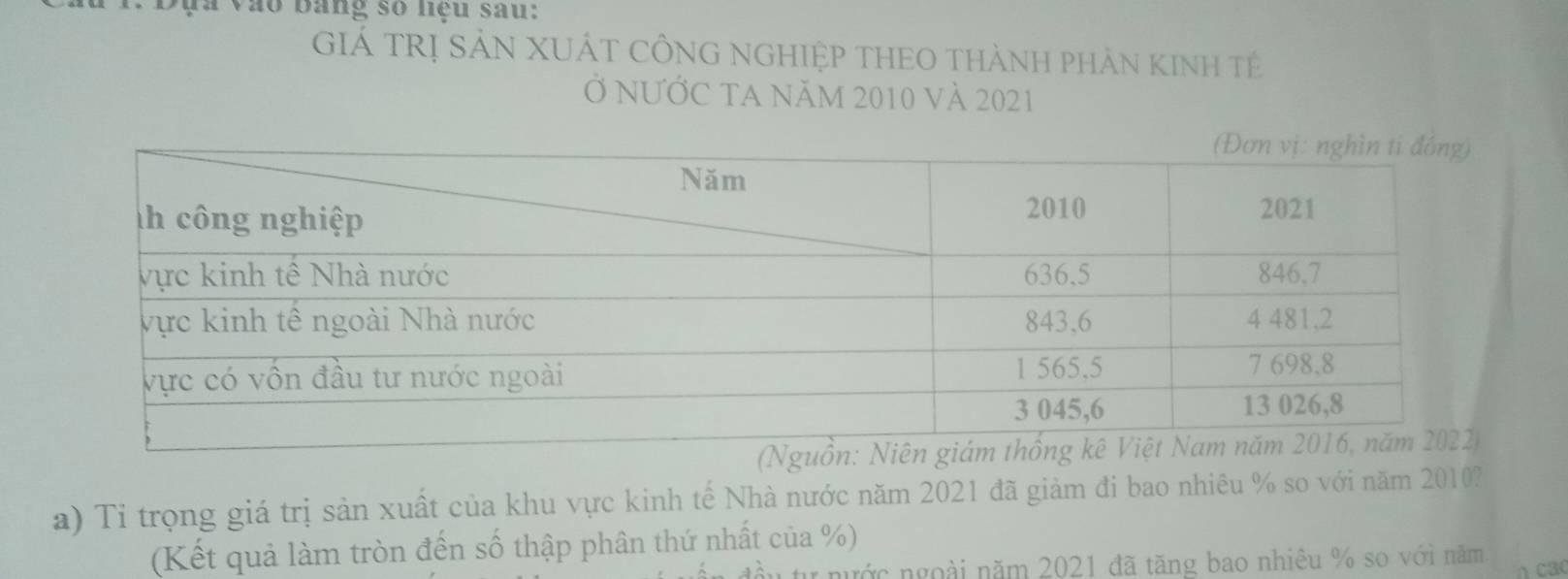 la vào bang số nệu sau: 
GIÁ TRị SẢN XUÁT CÔNG NGHIỆP THEO THÀNH pHảN KINH tế 
Ở NƯỚC ta năm 2010 và 2021 
a) Tỉ trọng giá trị sản xuất của khu vực kinh tế Nhà nước năm 2021 đã giảm đi bao nhiêu % so với năm 2010? 
(Kết quả làm tròn đến số thập phân thứ nhất của %) 
đầu tự nước ngoài năm 2021 đã tăng bao nhiêu % so với năm 
n ca