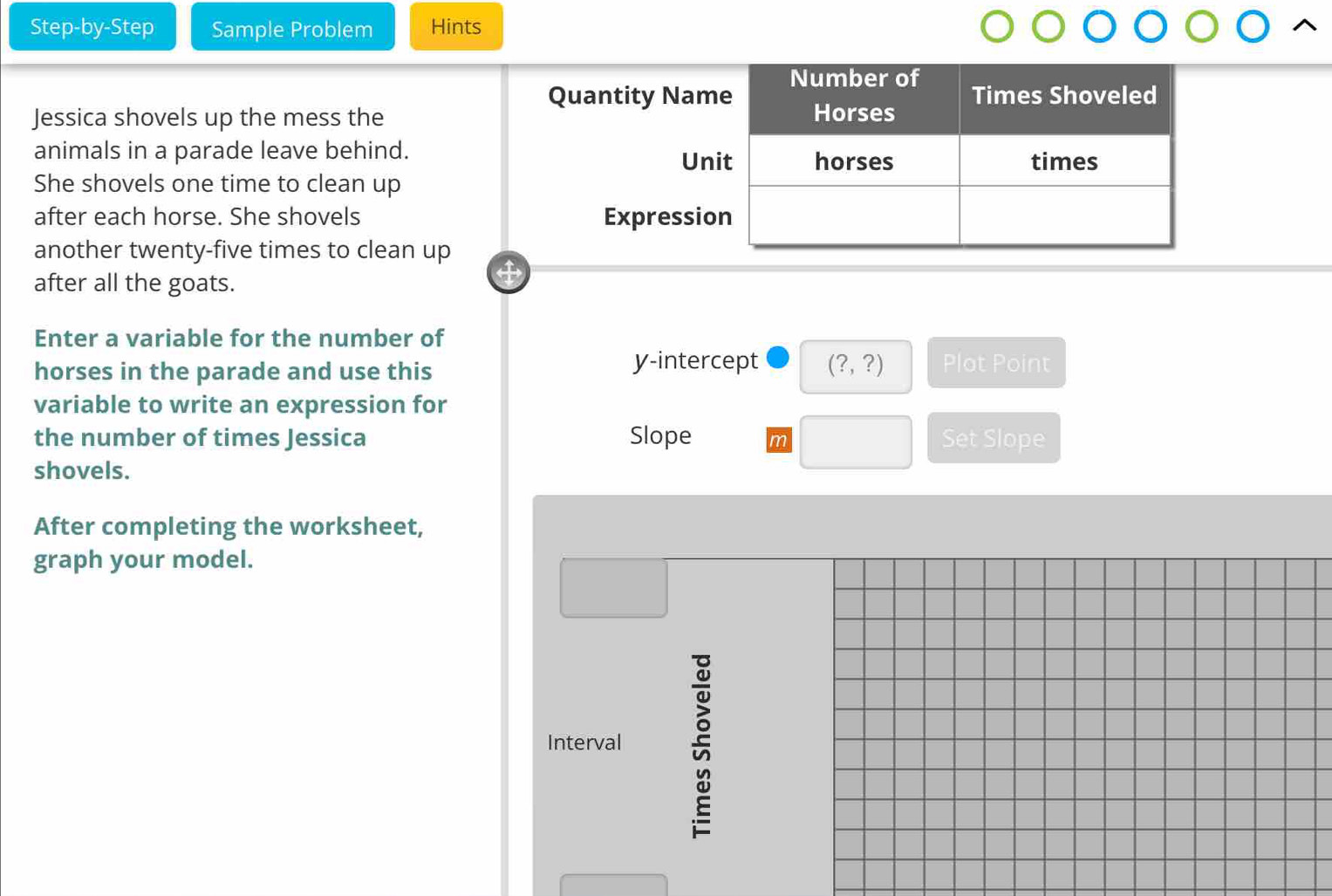Step-by-Step Sample Problem Hints 
Number of 
Quantity Name Times Shoveled 
Jessica shovels up the mess the Horses 
animals in a parade leave behind. 
Unit horses times 
She shovels one time to clean up 
after each horse. She shovels Expression 
another twenty-five times to clean up 
after all the goats. 
4 
Enter a variable for the number of 
horses in the parade and use this y-intercept (?,?) Plot Point 
variable to write an expression for 
the number of times Jessica Slope m Set Slope 
shovels. 
After completing the worksheet, 
graph your model. 
Interval