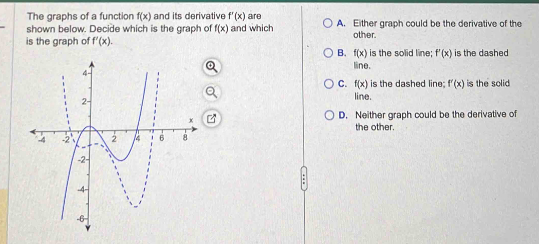 The graphs of a function f(x) and its derivative f'(x) are
shown below. Decide which is the graph of f(x) and which A. Either graph could be the derivative of the
other.
is the graph of f'(x).
B. f(x) is the solid line; f'(x) is the dashed
line.
C. f(x) is the dashed line; f'(x) is the solid
line.
4
D. Neither graph could be the derivative of
the other.