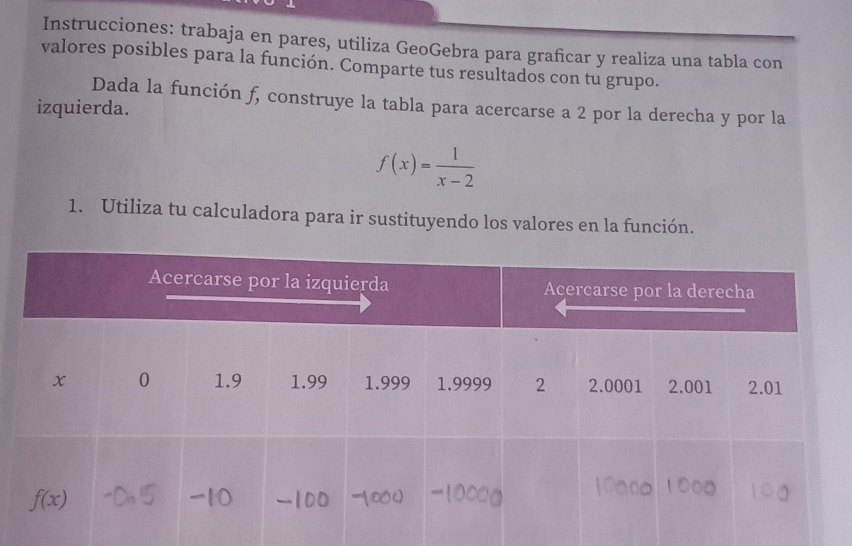 Instrucciones: trabaja en pares, utiliza GeoGebra para grafcar y realiza una tabla con
valores posibles para la función. Comparte tus resultados con tu grupo.
izquierda. Dada la función f, construye la tabla para acercarse a 2 por la derecha y por la
f(x)= 1/x-2 
1. Utiliza tu calculadora para ir sustituyendo los valores en la función.