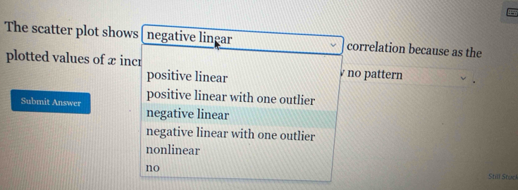 The scatter plot shows negative linear correlation because as the
plotted values of x incr v no pattern
positive linear
Submit Answer positive linear with one outlier
negative linear
negative linear with one outlier
nonlinear
no
Still Stuck