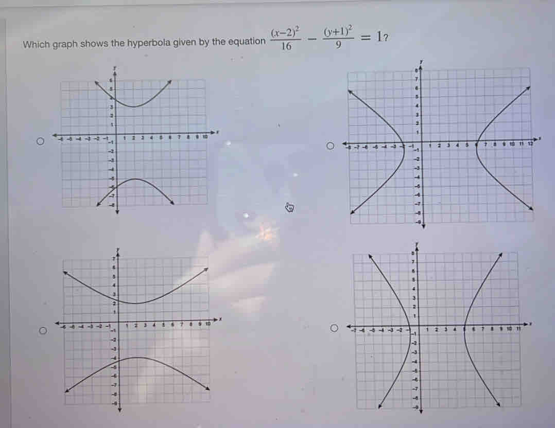 Which graph shows the hyperbola given by the equation frac (x-2)^216-frac (y+1)^29=1 ? 
)