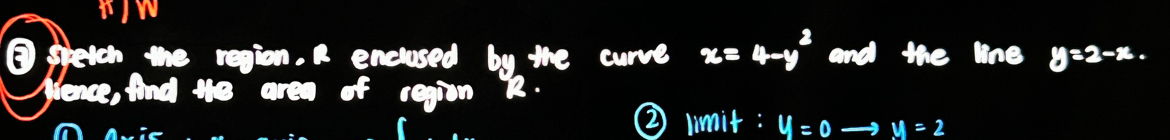 rW
③ spetch the region. encused by the curve x=4-y^2 and the line y=2-x. 
pience, And te area of regin k.
② lnit: y=0to y=2