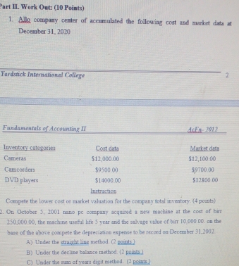 Part II. Work Out: (10 Points)
1. Allo company center of accumulated the following cost and market data at
December 31, 2020
Yardstick International College 2
Fundamentals of Accounting II AcFn- 2012
Inventory categories Cost data Market data
Cameras $12,000.00 $12,100.00
Camcorders $9500.00 $,9700.00
DVD players $14000.00 $12800.00
Instraction
Compete the lower cost or market valuation for the company total inventory. (4 points)
2. On October 5, 2001 nano pc company acquired a new machine at the cost of birr
250,000.00, the machine useful life 5 year and the salvage value of birr 10,000.00. on the
base of the above compete the depreciation expense to be record on December 31,2002
A) Under the straight line method. (2 points)
B) Under the decline balance method. (2 poists )
C) Under the sum of years digit method. (2 points )