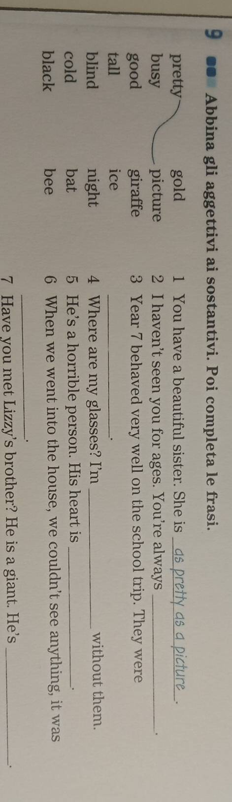 Abbina gli aggettivi ai sostantivi. Poi completa le frasi.
pretty gold 1 You have a beautiful sister. She is_
.
busy picture 2 I haven’t seen you for ages. You’re always_
.
good giraffe 3 Year 7 behaved very well on the school trip. They were
tall ice_
blind night 4 Where are my glasses? I'm _without them.
cold bat 5 He’s a horrible person. His heart is_
.
black bee 6 When we went into the house, we couldn’t see anything, it was
_.
7 Have you met Lizzy's brother? He is a giant. He’s_
.