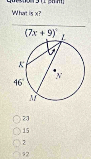 stion 5 (1 point)
What is x?
23
15
2
92