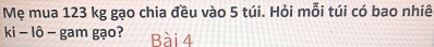 Mẹ mua 123 kg gạo chia đều vào 5 túi. Hỏi mỗi túi có bao nhiê 
ki - lô - gam gạo? Bài 4
