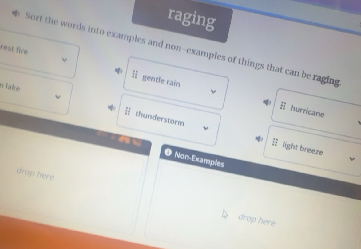 Solved: raging rest fire Sort the words into examples and non-examples ...