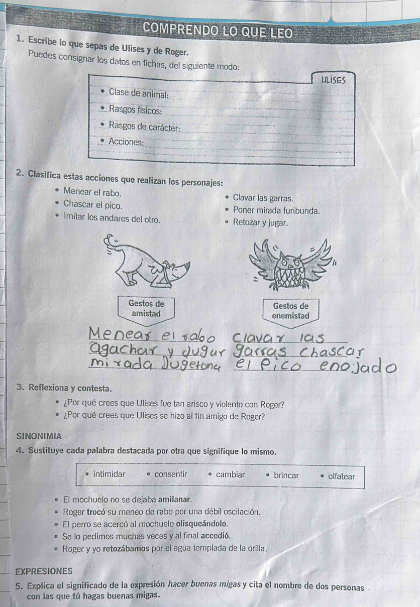 COMPRENDO LO QUE LEO
1. Escribe lo que sepas de Ulises y de Roger.
Puedes consignar los datos en fichas, del siguiente modo:
ULISES
Clase de animal:
Rasgos físicos:
Rasgos de carácter:
Acciones:
2. Clasifica estas acciones que realizan los personajes:
Menear el rabo. Clavar las garras.
Chascar el pico. Poner mirada furibunda.
Imitar los andares del otro. Retozar y jugar.
Gestos de Gestos de
amistad enemistad
_
_
_
_
_
3. Reflexiona y contesta.
¿Por qué crees que Ulises fue tan arisco y violento con Roger?
¿Por qué crees que Ulises se hizo al fin amigo de Roger?
SINONIMIA
4. Sustituye cada palabra destacada por otra que signifique lo mismo.
intimidar consentir cambiar brincar olfatear
El mochuelo no se dejaba amilanar.
Roger trocó su meneo de rabo por una débil oscilación.
El perro se acercó al mochuelo olisqueándolo.
Se lo pedimos muchas veces y al final accedió.
Roger y yo retozábamos por el agua templada de la orilla.
EXPRESIONES
5. Explica el significado de la expresión hacer buenas migas y cita el nombre de dos personas
con las que tú hagas buenas migas.