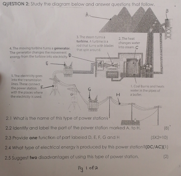 Study the diagram below and answer questions that follow. 
4. The moving 
The generator 
energy from th 
5. The electric 
into the trans 
lines. These co 
the power stat 
with the places where 
the electricity is used. 
2.1 What is the name of this type of power stat 
2.2 Identify and label the part of the power station marked A. to H. (8) 
2.3 Provide one function of part labeled D, E, F, G and H (5* 2=10)
2.4 What type of electrical energy is produced by this power station?(DC/AC)(1) 
2.5 Suggest two disadvantages of using this type of power station. 2