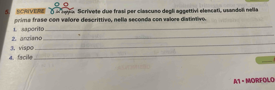 SCRIVERE ( in copia Scrivete due frasi per ciascuno degli aggettivi elencati, usandoli nella 
prima frase con valore descrittivo, nella seconda con valore distintivo. 
_ 
_ 
1. saporito 
_ 
2. anziano 
_ 
3. vispo 
_ 
4. facile 
A1 • MORFOLO