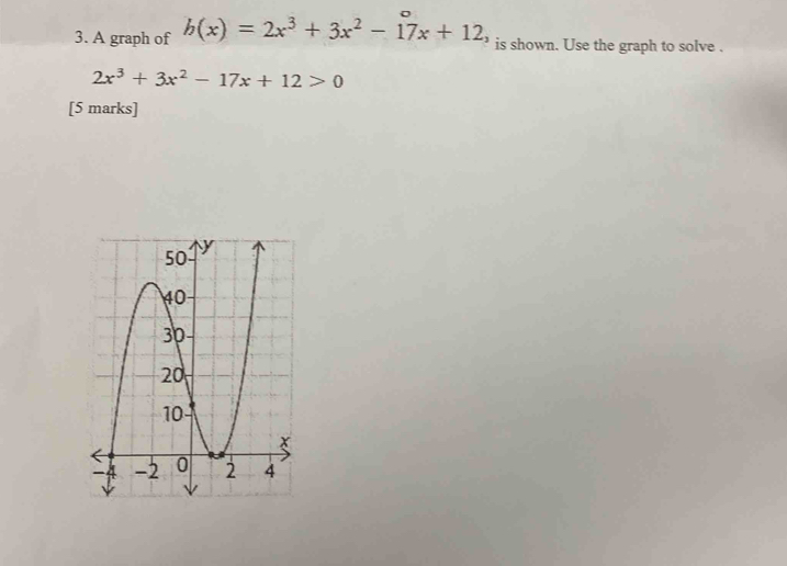 A graph of h(x)=2x^3+3x^2-17x+12 is shown. Use the graph to solve .
2x^3+3x^2-17x+12>0
[5 marks]