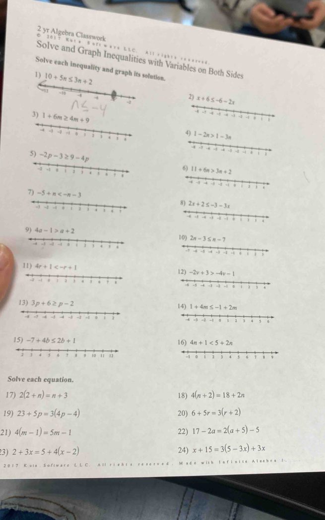 yr Algebra Classwork [] 5=
*r e L LC 11+12≥ 12
Solve and Graph Inequalities with Variables on Both Sides
Solve each inequality and graph its solution.
1) 10+5n≤ 3n+2
-12 -10 -1 -
4a-1>a+2
11) 4r+1
12)
 
13) 3p+6≥ p-2 1+4m≤ -1+2m

Solve each equation.
17) 2(2+n)=n+3 18) 4(n+2)=18+2n
19) 23+5p=3(4p-4) 20) 6+5r=3(r+2)
21) 4(m-1)=5m-1 22) 17-2a=2(a+5)-5
23) 2+3x=5+4(x-2) 24) x+15=3(5-3x)+3x
2 0 1 7 K uta S o ft w are L L C. A ll ri s