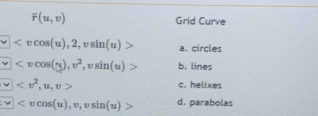 overline r(u,v) Grid Curve
, vsin (u)> a. circles
, v^2, vsin (u)> b. lines
, u, v>
c. helixes
] , v, vsin (u)> d. parabolas