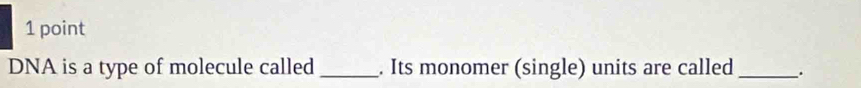 DNA is a type of molecule called _. Its monomer (single) units are called _.