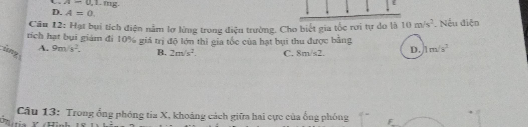 A=0,1. mg.
D. A=0. 
Câu 12: Hạt bụi tích điện nằm lơ lừng trong điện trường. Cho biết gia tốc rơi tự do là 10m/s^2. Nếu điện
tích hạt bụi giám đi 10% giá trị độ lớn thì gia tốc của hạt bụi thu được bằng
A. 9m/s^2. D. 1m/s^2
ùng B. 2m/s^2. C. 8m/s2.
Câu 13: Trong ống phóng tia X, khoảng cách giữa hai cực của ống phóng
Dnítia ă Hình
F