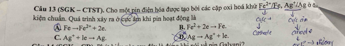 (SGK - CTST). Cho một pin điện hóa được tạo bởi các cặp oxi hoá khử Fe²'/Fẹ, Ag²/Ag à du
kiện chuẩn. Quá trình xảy ra ở cực âm khi pin hoạt động là
A Feto Fe^(2+)+2e.
B. Fe^2+2eto Fe.
C. Ag^++leto Ag. Agto Ag^++le. 
D.
v é i về pin Galvani?