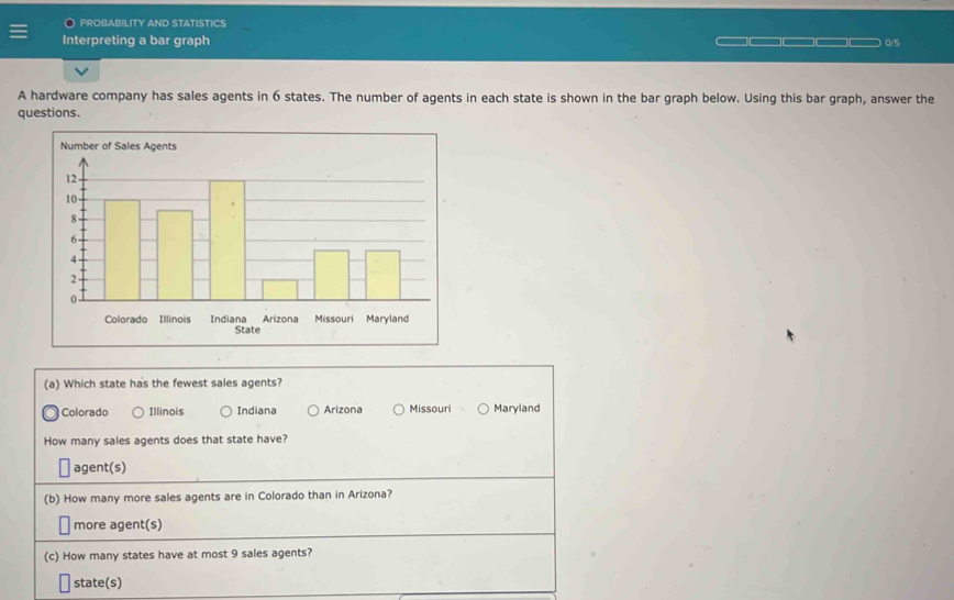 PROBABILITY AND STATISTICS
Interpreting a bar graph 0/5
A hardware company has sales agents in 6 states. The number of agents in each state is shown in the bar graph below. Using this bar graph, answer the
questions.
State
(a) Which state has the fewest sales agents?
) Colorado Illinois Indiana Arizona Missouri Maryland
How many sales agents does that state have?
agent(s)
(b) How many more sales agents are in Colorado than in Arizona?
more agent(s)
(c) How many states have at most 9 sales agents?
state(s)