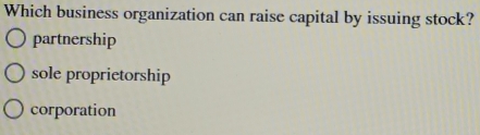 Which business organization can raise capital by issuing stock?
partnership
sole proprietorship
corporation