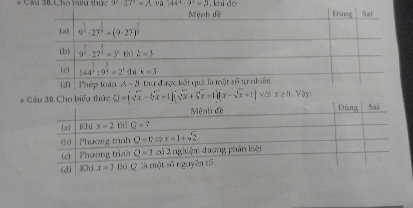 Cầu 38. Cho biêu thức 9^3· 27^3=A và 144^4:9^4=B ,khi
# o biểu thức Q=(sqrt(x)-sqrt[4](x)+1)(sqrt(x)+sqrt[4](x)+1)(x-sqrt(x)+1)