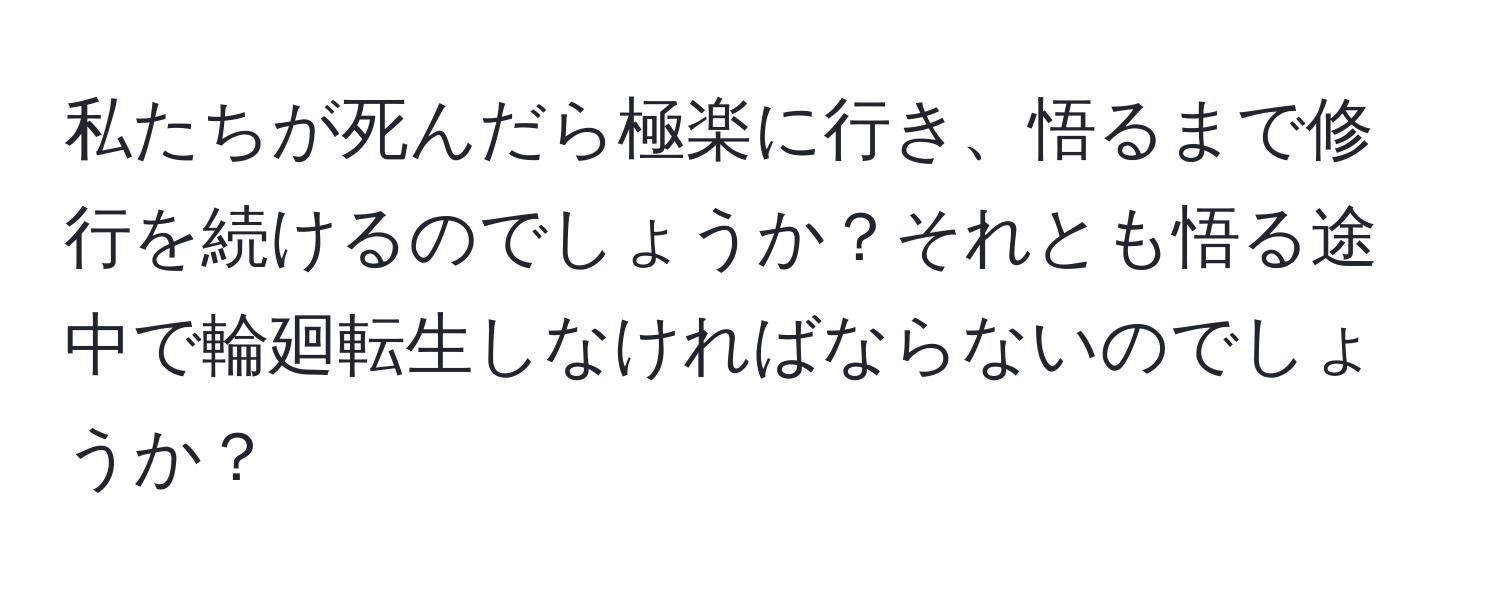 私たちが死んだら極楽に行き、悟るまで修行を続けるのでしょうか？それとも悟る途中で輪廻転生しなければならないのでしょうか？