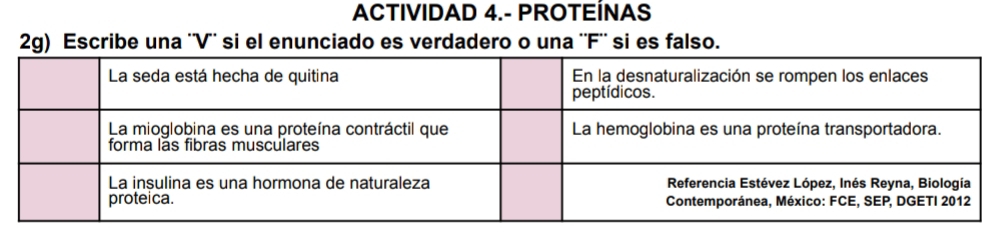 ACTIVIDAD 4.- PROTEÍNAS 
2g) Escribe una ''V'' si el enunciado es verdadero o una ''F'' si es falso.