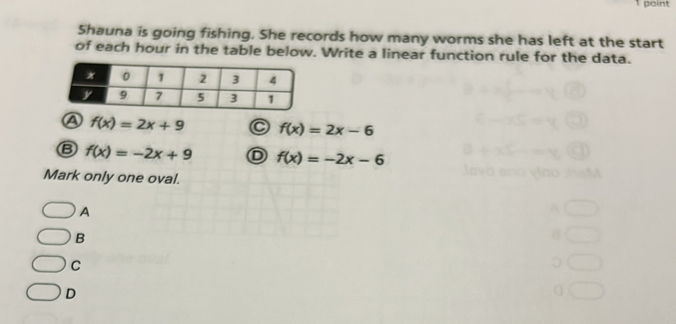 point
Shauna is going fishing. She records how many worms she has left at the start
of each hour in the table below. Write a linear function rule for the data.
A f(x)=2x+9 C f(x)=2x-6
B f(x)=-2x+9 D f(x)=-2x-6
Mark only one oval.
A
B
C
D