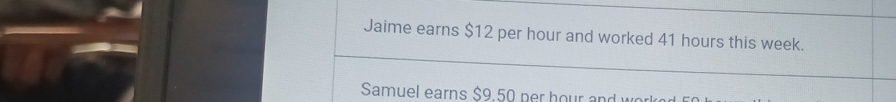 Jaime earns $12 per hour and worked 41 hours this week. 
Samuel earns $9.50 per hour and wo