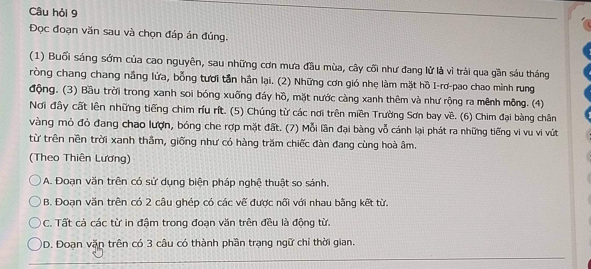 Câu hỏi 9
Đọc đoạn văn sau và chọn đáp án đúng.
(1) Buổi sáng sớm của cao nguyên, sau những cơn mưa đầu mùa, cây cối như đang lử là vì trải qua gần sáu tháng
ròng chang chang nắng lửa, bỗng tưới tắn hằn lại. (2) Những cơn gió nhẹ làm mặt hồ I-rơ-pao chao mình rung
động. (3) Bầu trời trong xanh soi bóng xuống đáy hồ, mặt nước càng xanh thêm và như rộng ra mênh mông. (4)
Nơi đây cất lên những tiếng chim ríu rít. (5) Chúng từ các nơi trên miền Trường Sơn bay về. (6) Chim đại bàng chân
vàng mỏ đỏ đang chao lượn, bóng che rợp mặt đất. (7) Mỗi lần đại bàng vỗ cánh lại phát ra những tiếng vi vu vi vút
từ trên nền trời xanh thẳm, giống như có hàng trăm chiếc đàn đang cùng hoà âm.
(Theo Thiên Lương)
A. Đoạn văn trên có sử dụng biện pháp nghệ thuật so sánh.
B. Đoạn văn trên có 2 câu ghép có các vế được nối với nhau bằng kết từ.
C. Tất cả các từ in đậm trong đoạn văn trên đều là động từ.
OD. Đoạn văn trên có 3 câu có thành phần trạng ngữ chỉ thời gian.