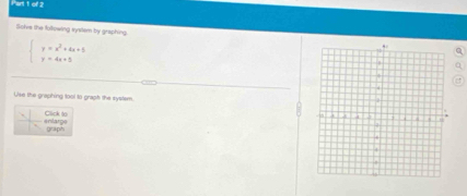 Par 1 of 2 
Solva the following system by graphing. Q
beginarrayl y=x^2+4x+5 y=4x+5endarray.
Use the graphing tool to graph the system 
enlarge Click to 
graph