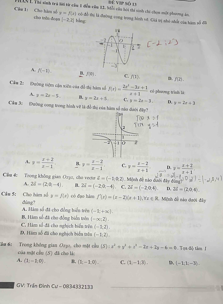 dé vIp sÓ 13
PHAN I. Thí sinh trả lời từ câu 1 đến câu 12. Mỗi câu hỏi thí sinh chỉ chọn một phương án.
Câu 1: Cho hàm số y=f(x) có đồ thị là đường cong trong hình vẽ. Giá trị nhỏ nhất của hàm số đã
cho trên đoạn [-2;2] bằng:
A. f(-1).
B. f(0).
C. f(1).
D. f(2).
Câu 2: Đường tiệm cận xiên của đồ thị hàm số f(x)= (2x^2-3x+1)/x+1  có phương trình là:
A. y=2x-5. B. y=2x+5. C. y=2x-3. D. y=2x+3
Câu 3: Đường cong trong hình vẽ là đồ thị của hàm số nào dưới đây?
A. y= (x+2)/x-1 . B. y= (x-2)/x-1 . C. y= (x-2)/x+1 . D. y= (x+2)/x+1 .
Câu 4: Trong không gian Oxyz, cho vectơ vector a=(-1;0;2) Mệnh đề nào dưới đây đúng?
A. 2vector a=(2;0;-4). B. 2vector a=(-2;0;-4) C. 2vector a=(-2;0;4). D. 2vector a=(2;0;4).
Câu 5: Cho hàm số y=f(x) có đạo hàm f'(x)=(x-2)(x+1),forall x∈ R Mệnh đề nào dưới đây
đúng?
A. Hàm số đã cho đồng biến trên (-1;+∈fty ).
B. Hàm số đã cho đồng biến trên (-∈fty ;2).
C. Hàm số đã cho nghịch biến trên (-1;2).
D. Hàm số đã cho nghịch biến trên (-1;2).
Tầu 6: Trong không gian Oxyz, cho mặt cầu (S) : x^2+y^2+z^2-2x+2y-6=0.  Tọa độ tâm I
của mặt cầu (S) đã cho là:
A. (1;-1;0). B. (1;-1;0). C. (1;-1;3). D. (-1;1;-3).
GV: Trần Đình Cư - 0834332133