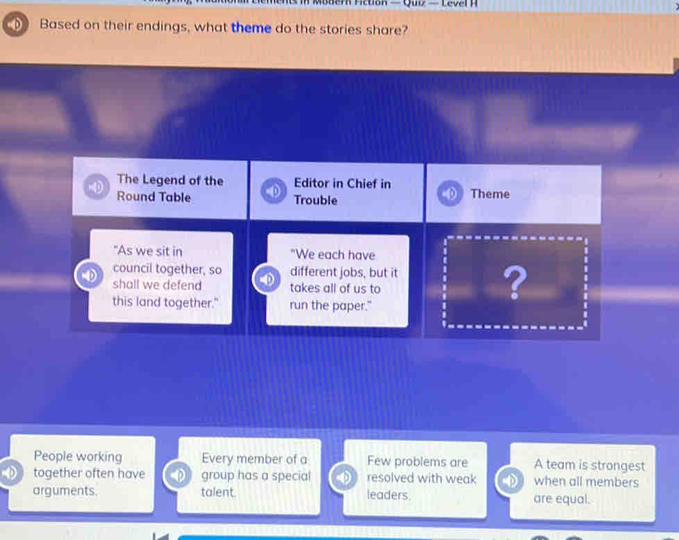 He Fiction — Quiz — Level H
Based on their endings, what theme do the stories share?
The Legend of the Editor in Chief in
4 Round Table
Trouble Theme
"As we sit in "We each have
council together, so different jobs, but it
shall we defend D takes all of us to
this land together." run the paper."
?
People working Every member of a Few problems are A team is strongest
together often have group has a special resolved with weak when all members
arguments. talent. leaders. are equal.