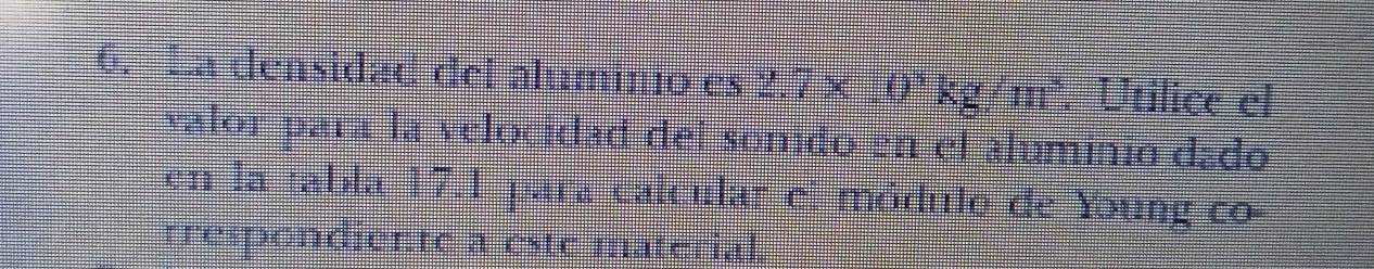 La densidad del alumimo es 2.7* 10^3kg/m^3. Utilice el 
valor para la velocidad del somdo en el alominio dado 
en la tabla 17.1 para calcular el móduio de Young co- 
trespondiente a este material