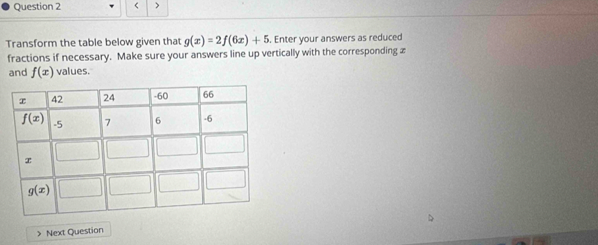 < >
Transform the table below given that g(x)=2f(6x)+5. Enter your answers as reduced
fractions if necessary. Make sure your answers line up vertically with the corresponding x
and f(x) values.
) Next Question