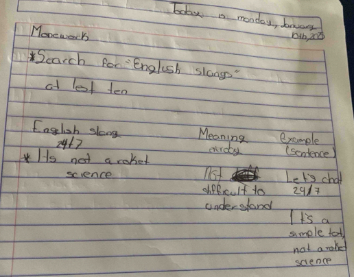 boayo monday, bnwary
Monework
1ib 202
Search for English slange"
at lest teo
Englsh slong example
Meaning
2417 srdy (senience)
*Is not aroket
science not Let's chot
difficult to 2917
understand
It's a
simple toth
not a rake
science