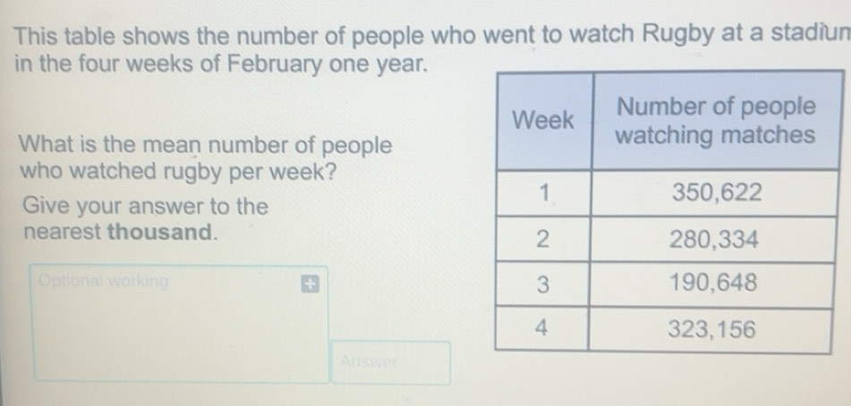 Solved: This table shows the number of people who went to watch Rugby ...