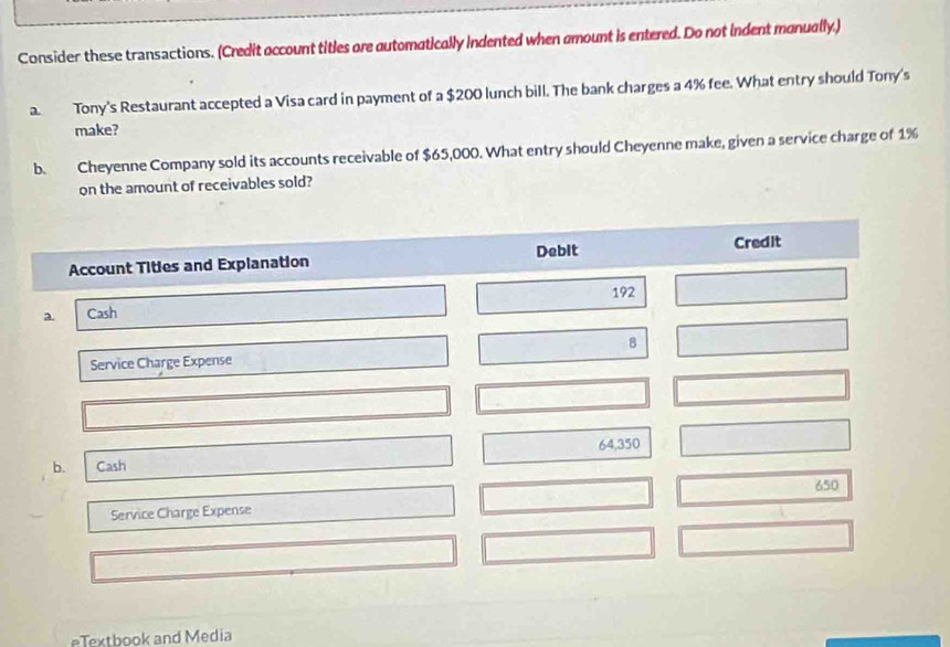 Consider these transactions. (Credit account titles ore automatically indented when amount is entered. Do not indent manually.) 
a. Tony's Restaurant accepted a Visa card in payment of a $200 lunch bill. The bank charges a 4% fee. What entry should Tony's 
make? 
b. Cheyenne Company sold its accounts receivable of $65,000. What entry should Cheyenne make, given a service charge of 1%
on the amount of receivables sold? 
Account Titles and Explanation Debit Credit
192
a. Cash 
Service Charge Expense 8
64,350
b. Cash
650
Service Charge Expense 
eTextbook and Media