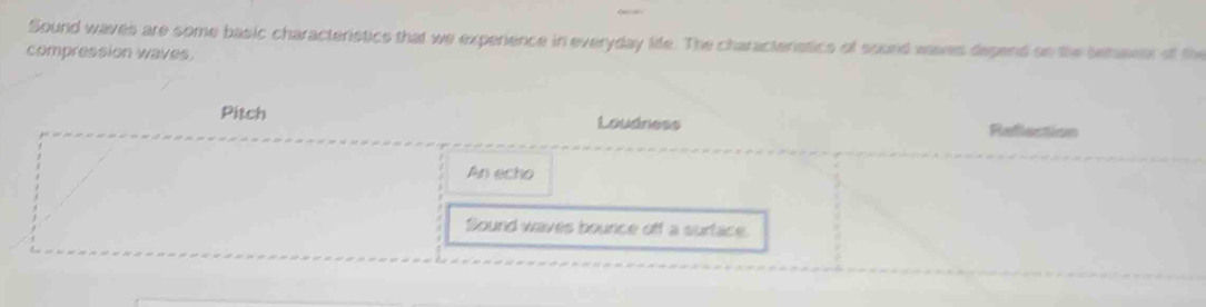 Sound waves are some basic characteristics that we experience in everyday life. The characteristics of sound waves depend on the betaseor of the
compression waves.
Pitch Loudness Reflection
An echo
Sound waves bounce off a surface.