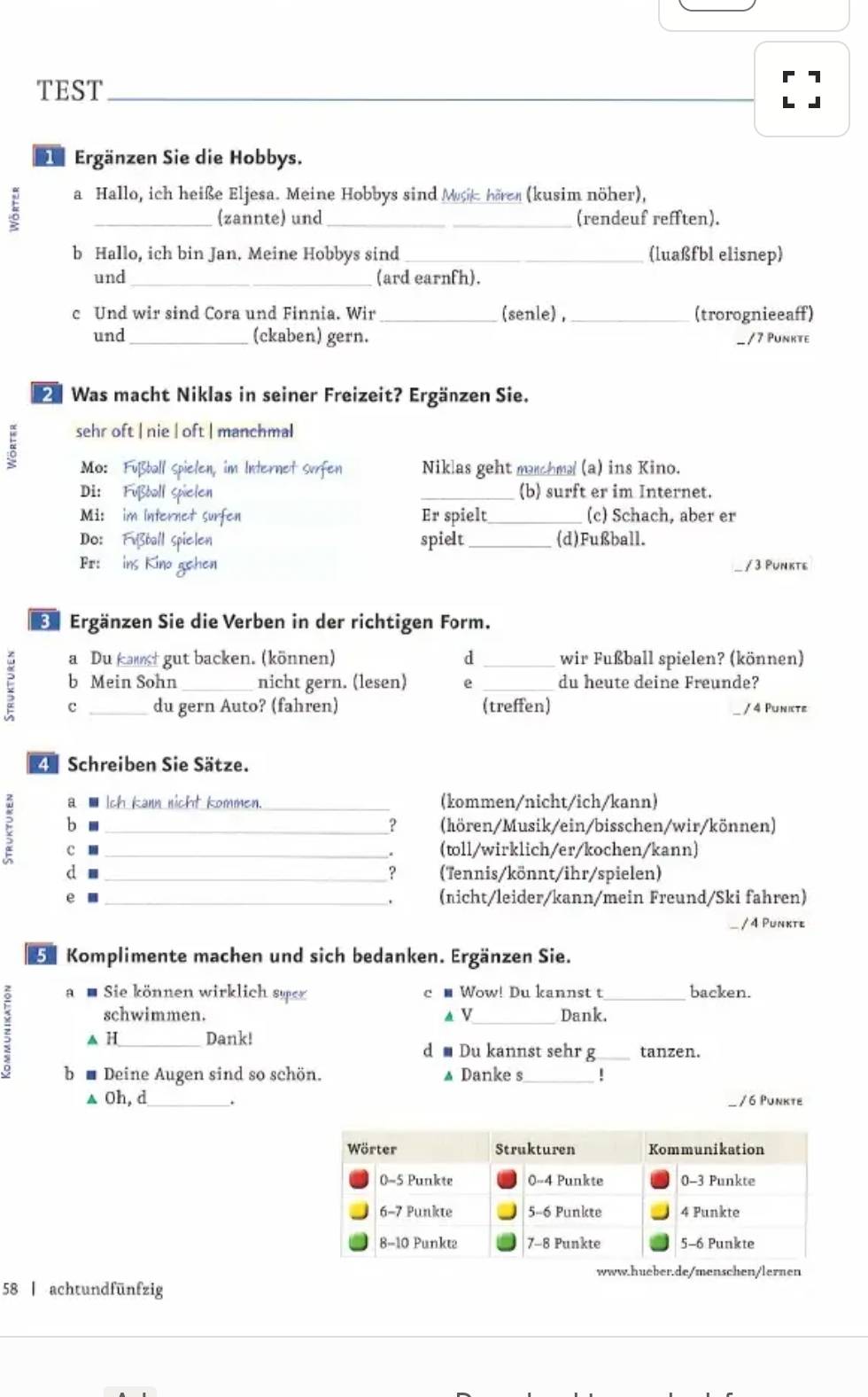 Gelöst:TEST Ergänzen Sie die Hobbys. a Hallo, ich heiße Eljesa. Meine ...