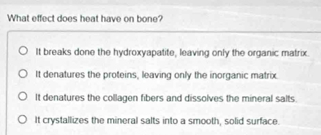 What effect does heat have on bone?
It breaks done the hydroxyapatite, leaving only the organic matrix.
It denatures the proteins, leaving only the inorganic matrix.
It denatures the collagen fibers and dissolves the mineral salts.
It crystallizes the mineral salts into a smooth, solid surface.