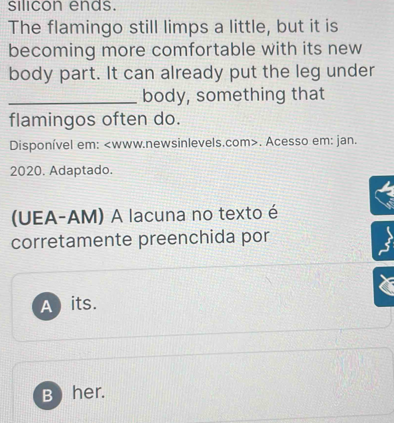 silicon ends.
The flamingo still limps a little, but it is
becoming more comfortable with its new
body part. It can already put the leg under
_body, something that
flamingos often do.
Disponível em:. Acesso em: jan.
2020. Adaptado.
(UEA-AM) A lacuna no texto é
corretamente preenchida por
Aits.
B ) her.