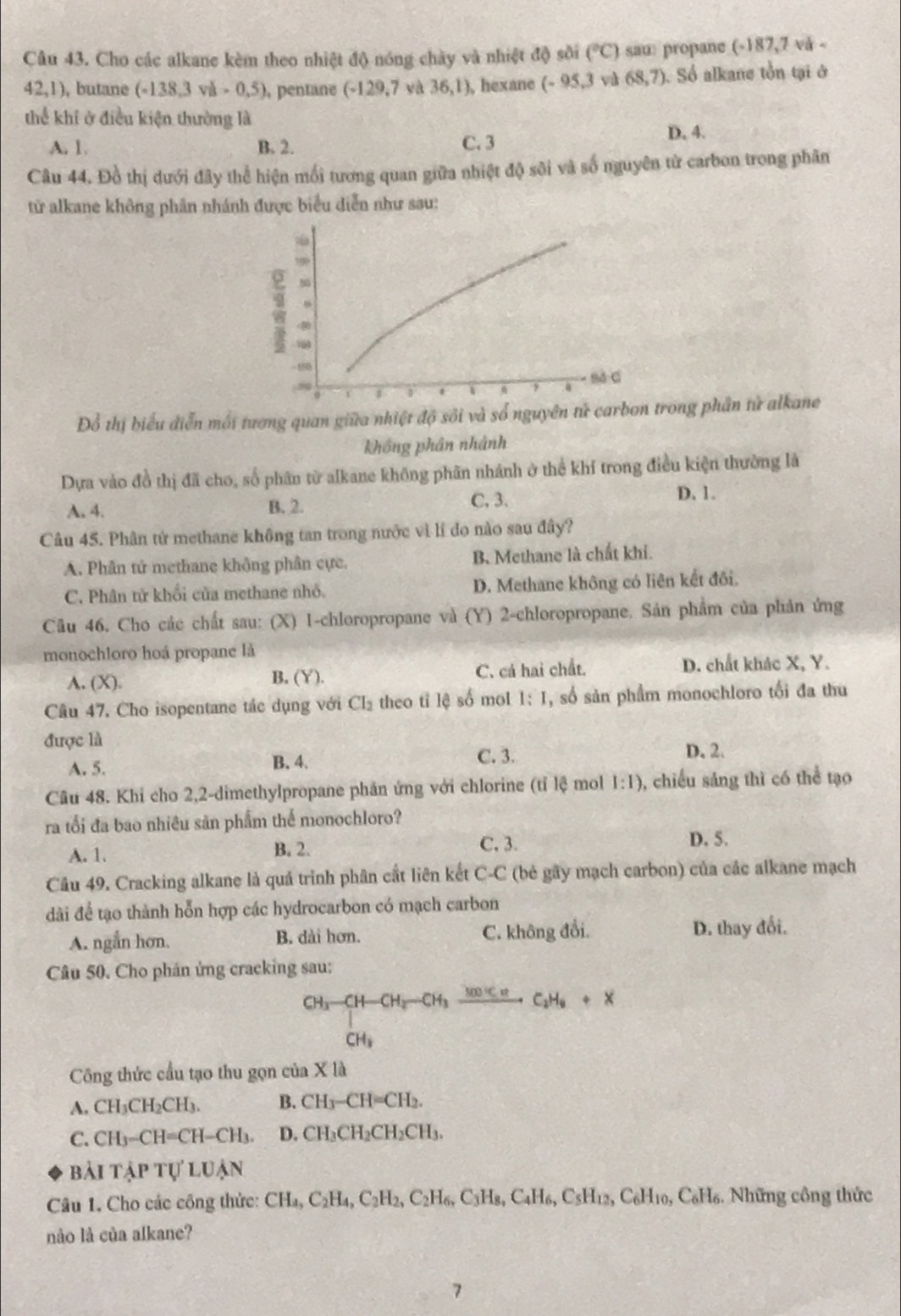 Cho các alkane kèm theo nhiệt độ nóng chày và nhiệt độ sồi (^circ C) sau: propane (-187,7 vå -
42,1 ), butane (-138,3vi-0,5) , pentane (-129,7wa36,1) , hexane (-95,3 và 68,7) Số alkane tồn tại ở
thể khi ở điều kiện thường là
A. 1. B. 2. C. 3
D. 4.
Câu 44. Đồ thị dưới đây thể hiện mối tương quan giữa nhiệt độ sôi và số nguyên từ carbon trong phân
tử alkane không phân nhánh được biểu diễn như sau:
-150
20 a S4 C
1 0 W ,
Đổ thị biểu diễn mối tương quan giữa nhiệt độ sôi và số nguyên tử carbon trong phần tử alkane
Không phân nhành
Dựa vào đồ thị đã cho, số phân từ alkane không phân nhánh ở thể khí trong điều kiện thường là
A. 4. B. 2. C. 3.
D. 1.
Câu 45. Phân tứ methane không tan trong nước vì lí do nào sau đây?
A. Phân tử methane không phân cực. B. Methane là chất khi.
C. Phân tử khổi của methane nhỏ. D. Methane không có liên kết đối.
Câu 46. Cho các chất sau: (X) 1-chloropropane và (Y) 2-chloropropane. Sản phẩm của phản ứng
monochloro hoá propane là
A. (X). B. (Y). C. cá hai chất. D. chất khác X, Y.
Câu 47, Cho isopentane tác dụng với Cl_2 theo tỉ lệ số mol 1: I, số sản phẩm monochloro tối đa thu
được là
A. 5. B. 4.
C. 3. D. 2.
Câu 48. Khi cho 2,2-dimethylpropane phản ứng với chlorine (tỉ lệ mol 1:1) 0, chiếu sáng thì có thể tạo
ra tổi đa bao nhiêu sản phẩm thể monochloro?
A. 1. B. 2. C, 3. D. 5.
Câu 49. Cracking alkane là quá trình phân cắt liên kết C-C (bẻ gãy mạch carbon) của các alkane mạch
dài để tạo thành hỗn hợp các hydrocarbon có mạch carbon
A. ngắn hơn, B. dài hơn. C. không đổi. D. thay đổi.
Câu 50. Cho phần ứng cracking sau:
CH_3-CH-CH_2-CH_3frac 3frac 100C_H_2C_2H_6+X
Công thức cầu tạo thu gọn của X là
A. CH_3CH_2CH_3 B. CH_3-CH=CH_2.
C. CH_3-CH=CH-CH_3. D. CH_3CH_2CH_2CH_3.
bài tập tự luận
Câu 1. Cho các công thức: CH_4,C_2H_4,C_2H_2,C_2H_6,C_3H_8,C_4H_6,C_5H_12, , C₆H10, C₆H₆. Những công thức
nào là của alkane?
7