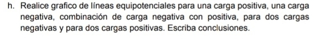 Realice grafico de líneas equipotenciales para una carga positiva, una carga 
negativa, combinación de carga negativa con positiva, para dos cargas 
negativas y para dos cargas positivas. Escriba conclusiones.